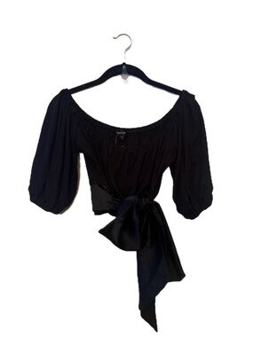 Y2K Bebe Black Off-Shoulder Puff Sleeve Tie-Waist Cropped Top